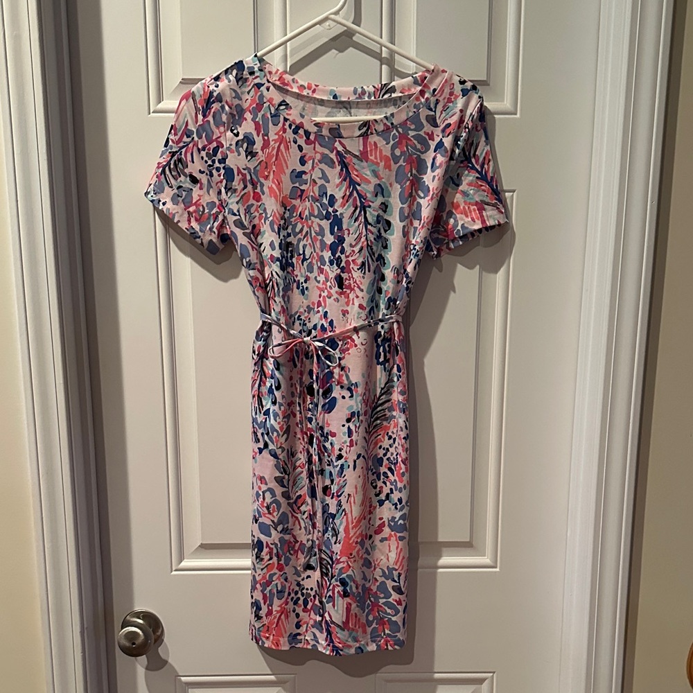 Source Unknown Pink and Blue Floral Midi Dress. Breezy and comfy dress!